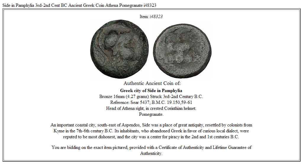 Side in Pamphylia 3rd-2nd Cent BC Ancient Greek Coin Athena Pomegranate i48323