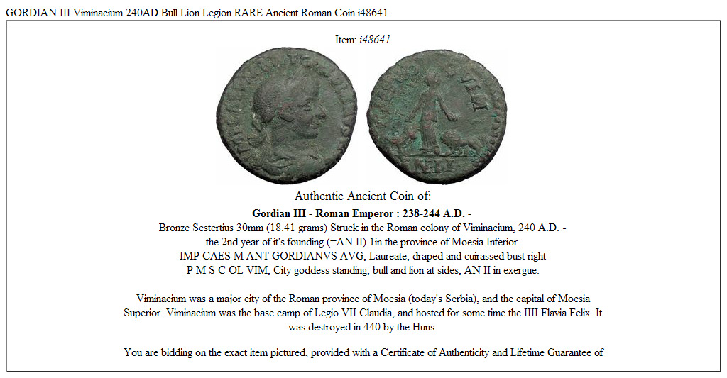 GORDIAN III Viminacium 240AD Bull Lion Legion RARE Ancient Roman Coin i48641
