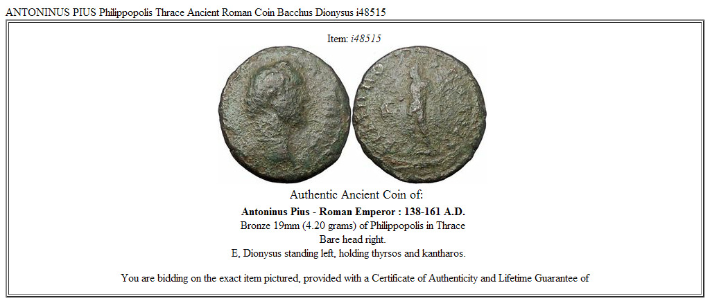 ANTONINUS PIUS Philippopolis Thrace Ancient Roman Coin Bacchus Dionysus i48515