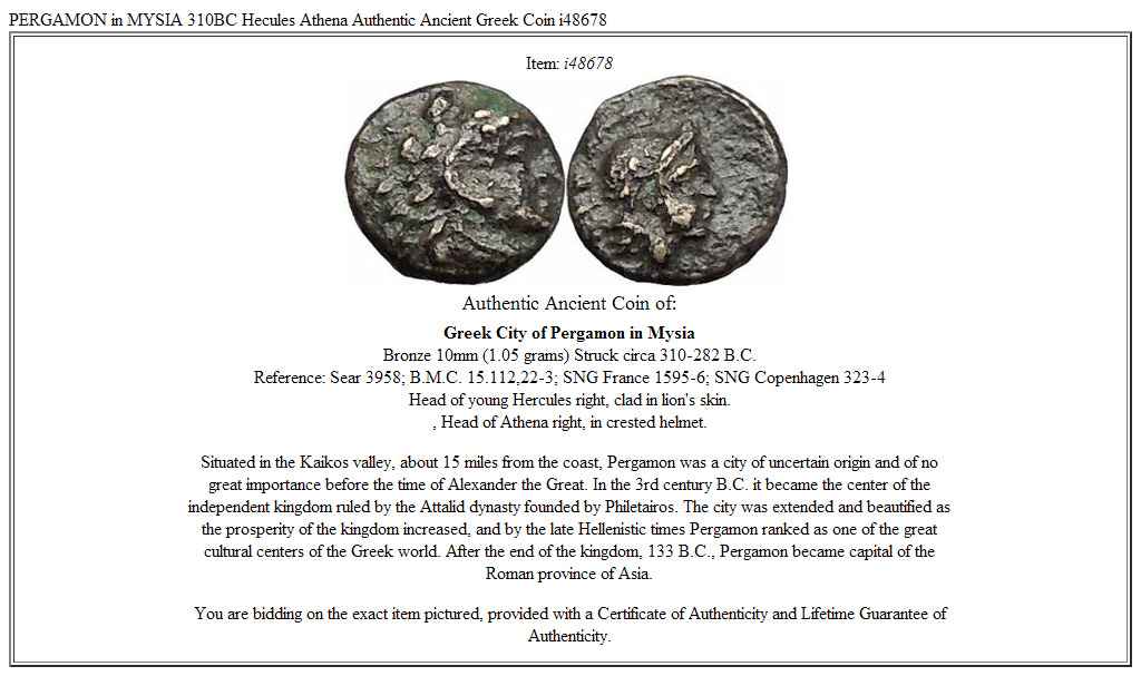 PERGAMON in MYSIA 310BC Hecules Athena Authentic Ancient Greek Coin i48678