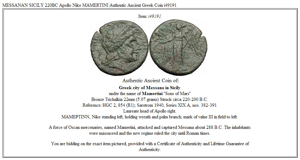 MESSANAN SICILY 220BC Apollo Nike MAMERTINI Authentic Ancient Greek Coin i49191