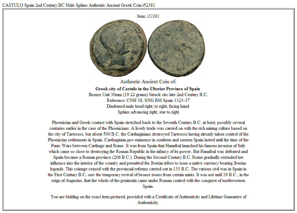 CASTULO Spain 2nd Century BC Male Sphinx Authentic Ancient Greek Coin i52381