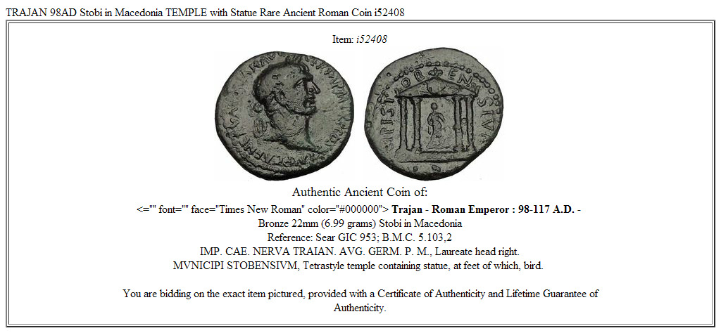 TRAJAN 98AD Stobi in Macedonia TEMPLE with Statue Rare Ancient Roman Coin i52408