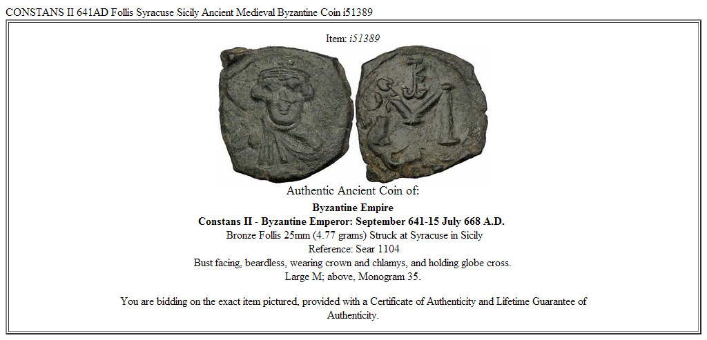 CONSTANS II 641AD Follis Syracuse Sicily Ancient Medieval Byzantine Coin i51389
