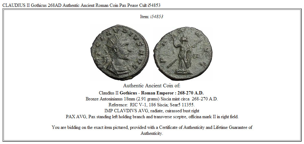 CLAUDIUS II Gothicus 268AD Authentic Ancient Roman Coin Pax Pease Cult i54853