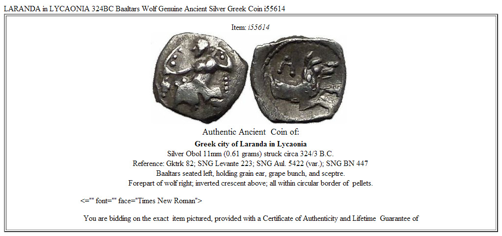 LARANDA in LYCAONIA 324BC Baaltars Wolf Genuine Ancient Silver Greek Coin i55614