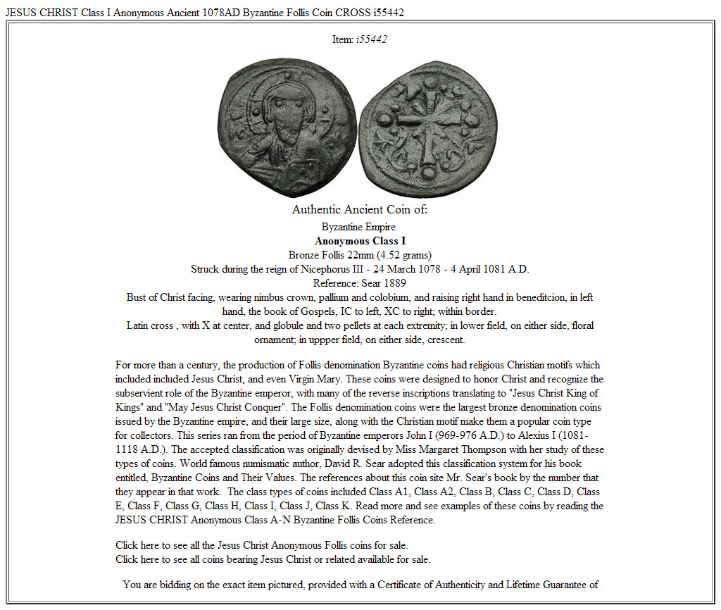 JESUS CHRIST Class I Anonymous Ancient 1078AD Byzantine Follis Coin CROSS i55442