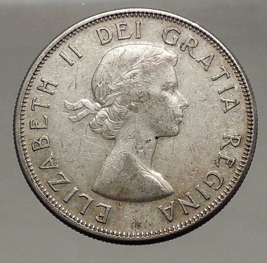 1958 CANADA under Queen Elizabeth II SILVER 50 Cents Canadian Coin Arms i56633