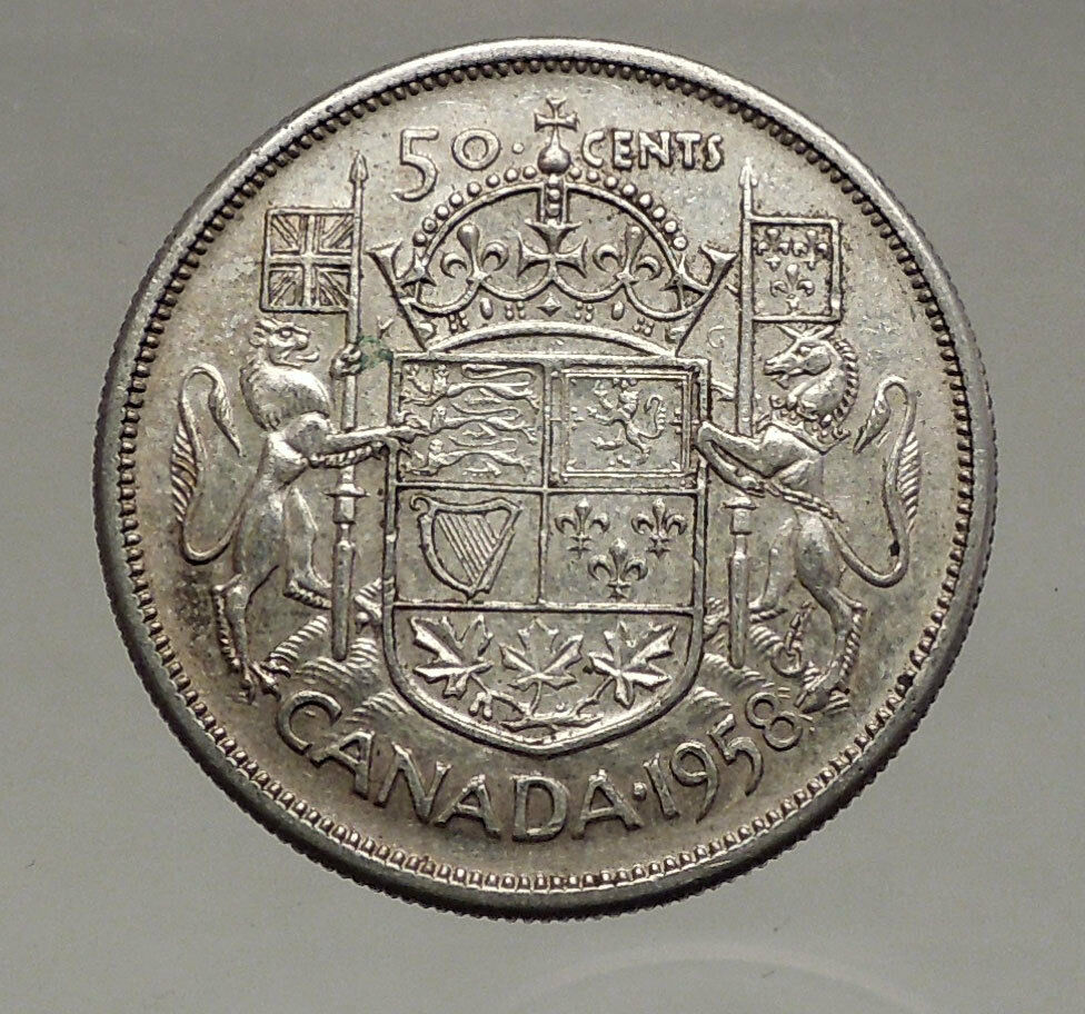 1958 CANADA under Queen Elizabeth II SILVER 50 Cents Canadian Coin Arms i56633