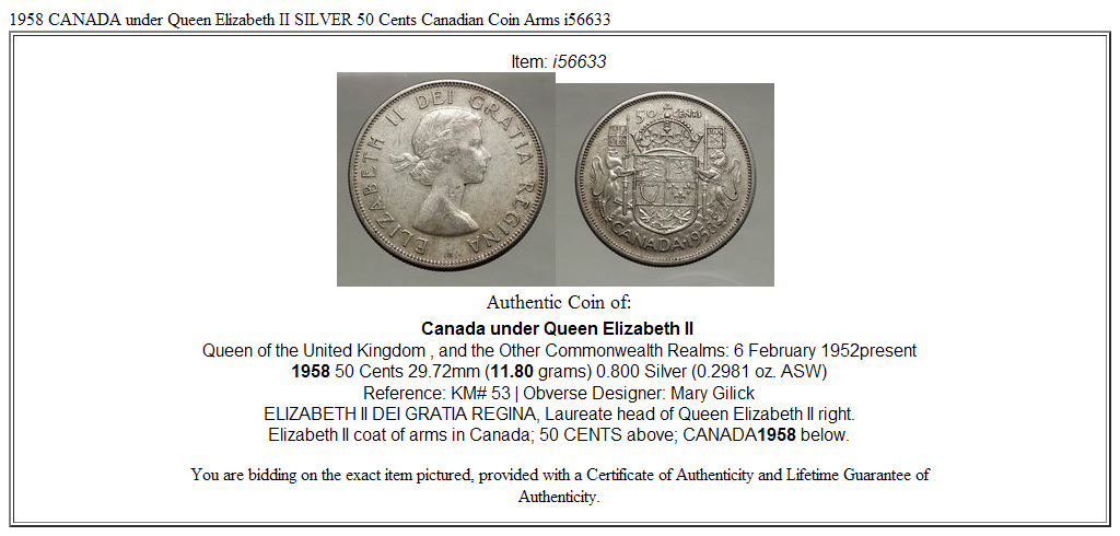 1958 CANADA under Queen Elizabeth II SILVER 50 Cents Canadian Coin Arms i56633