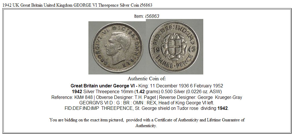 1942 UK Great Britain United Kingdom GEORGE VI Threepence Silver Coin i56863