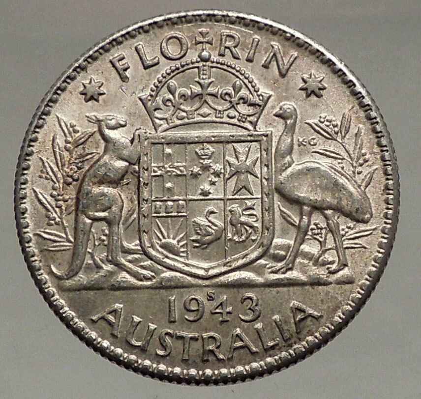 1943 AUSTRALIA - FLORIN Large SILVER Coin King George VI Coat-of-Arms i56677