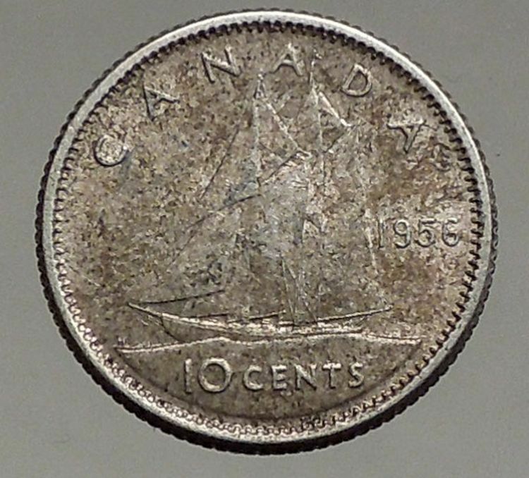 1956 CANADA Queen ELIZABETH II Silver 10 Cent SILVER Coin - BLUENOSE SHIP i56793