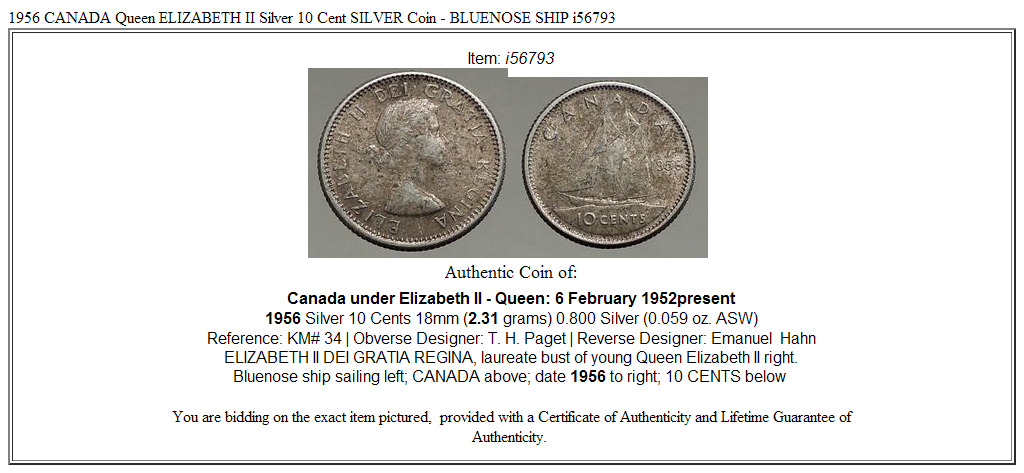 1956 CANADA Queen ELIZABETH II Silver 10 Cent SILVER Coin - BLUENOSE SHIP i56793