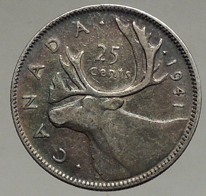 1941 CANADA King George VI of Britain Domains Silver 25 Cent Coin CARIBOU i56636