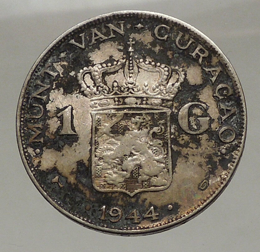 1944 CURACAO Netherlands Kingdom Queen WILHELMINA 1 Gulden Silver Coin i57060