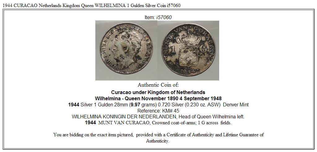 1944 CURACAO Netherlands Kingdom Queen WILHELMINA 1 Gulden Silver Coin i57060