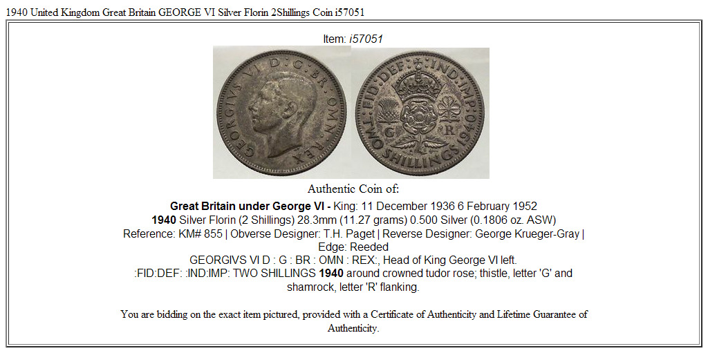 1940 United Kingdom Great Britain GEORGE VI Silver Florin 2Shillings Coin i57051