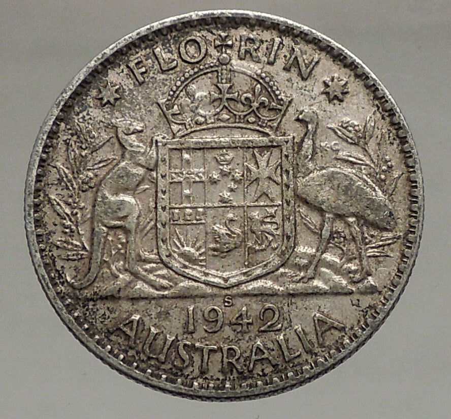 1942 AUSTRALIA - FLORIN Large SILVER Coin King George VI Coat-of-Arms i56700