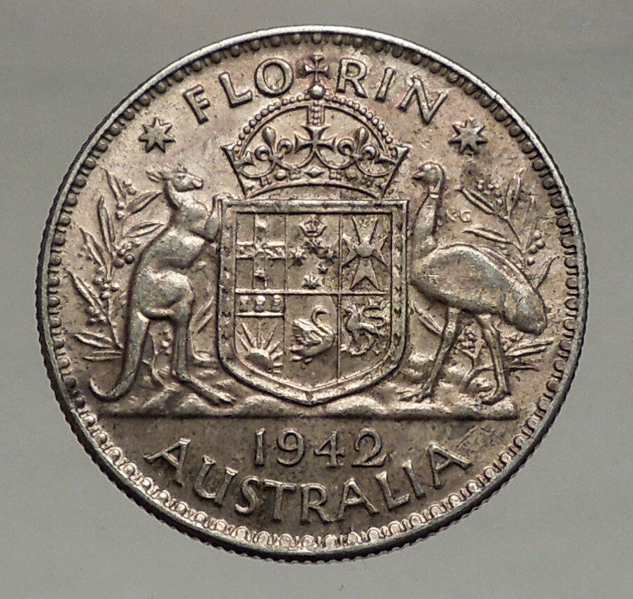 1942 AUSTRALIA - FLORIN Large SILVER Coin King George VI Coat-of-Arms i56697