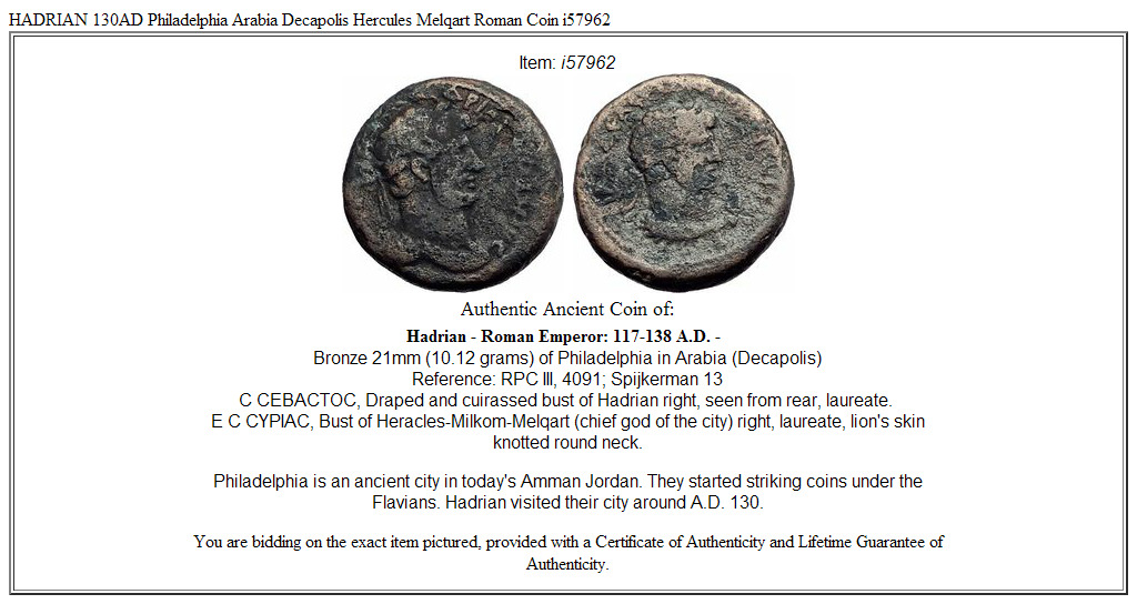 HADRIAN 130AD Philadelphia Arabia Decapolis Hercules Melqart Roman Coin i57962