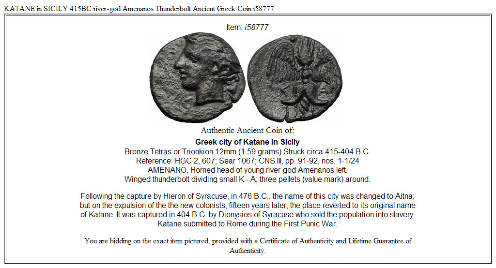KATANE in SICILY 415BC river-god Amenanos Thunderbolt Ancient Greek Coin i58777