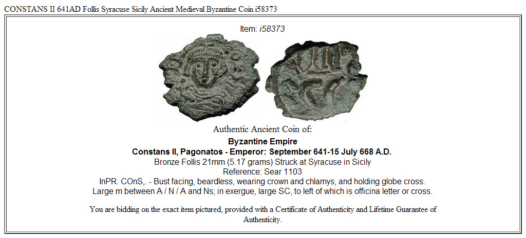 CONSTANS II 641AD Follis Syracuse Sicily Ancient Medieval Byzantine Coin i58373