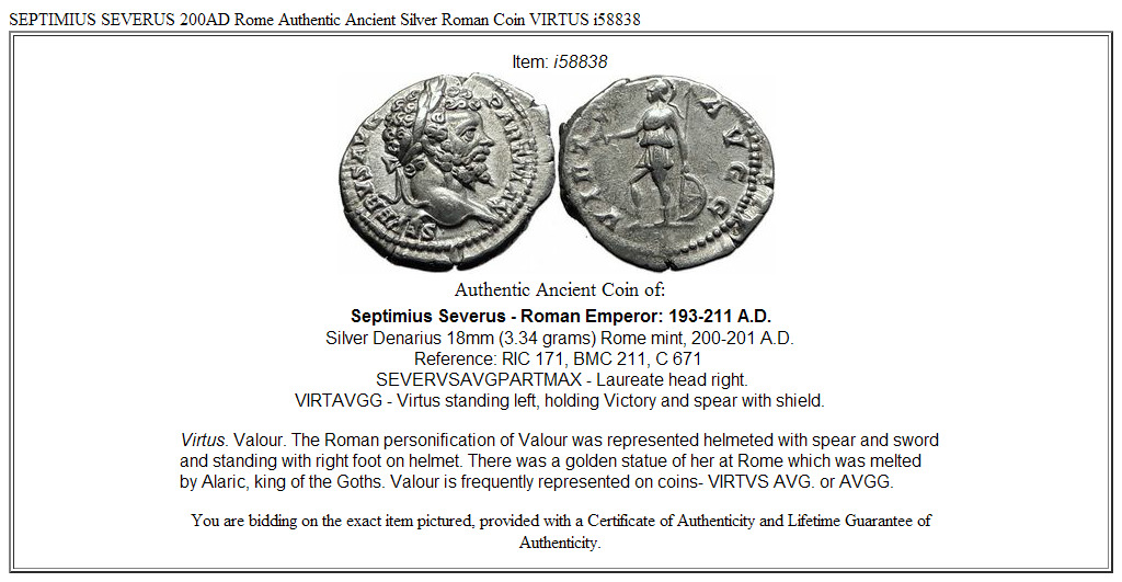 SEPTIMIUS SEVERUS 200AD Rome Authentic Ancient Silver Roman Coin VIRTUS i58838