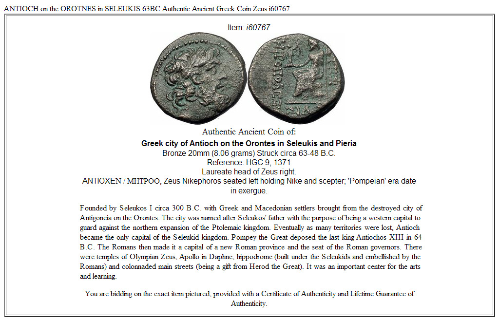 ANTIOCH on the OROTNES in SELEUKIS 63BC Authentic Ancient Greek Coin Zeus i60767