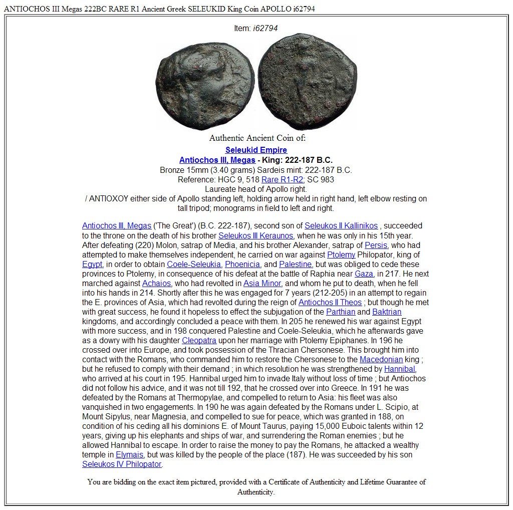 ANTIOCHOS III Megas 222BC RARE R1 Ancient Greek SELEUKID King Coin APOLLO i62794