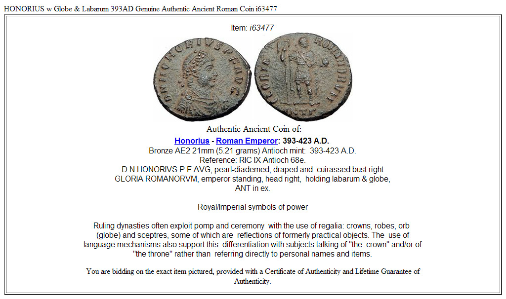 HONORIUS w Globe & Labarum 393AD Genuine Authentic Ancient Roman Coin i63477