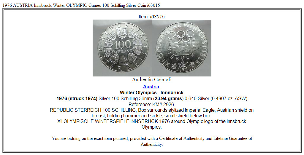 1976 AUSTRIA Innsbruck Winter OLYMPIC Games 100 Schilling Silver Coin i63015