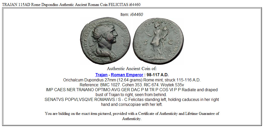 TRAJAN 115AD Rome Dupondius Authentic Ancient Roman Coin FELICITAS i64460
