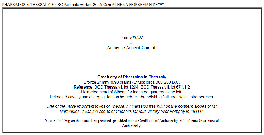 PHARSALOS in THESSALY 300BC Authentic Ancient Greek Coin ATHENA HORSEMAN i63797