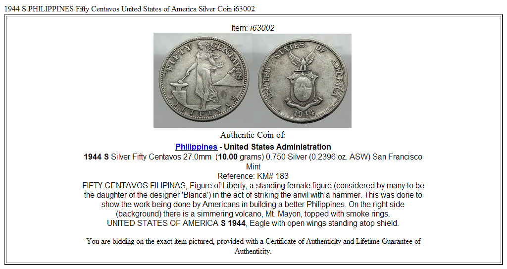 1944 S PHILIPPINES Fifty Centavos United States of America Silver Coin i63002