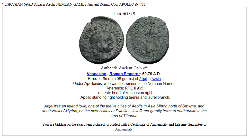 VESPASIAN 69AD Aigai in Aeolis NEMEAN GAMES Ancient Roman Coin APOLLO i64718