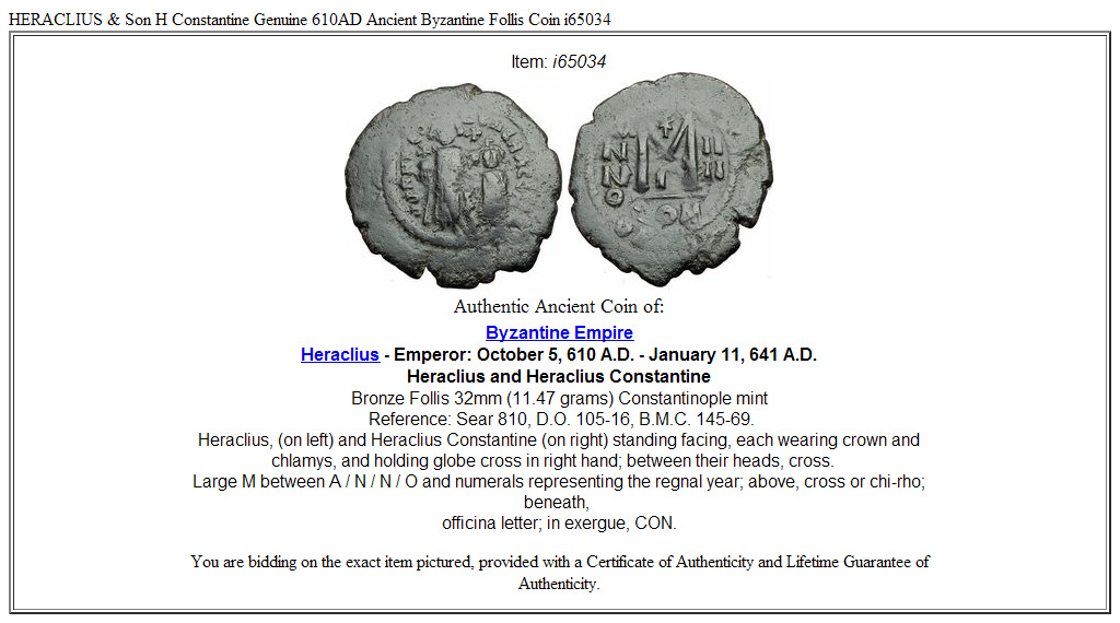 HERACLIUS & Son H Constantine Genuine 610AD Ancient Byzantine Follis Coin i65034