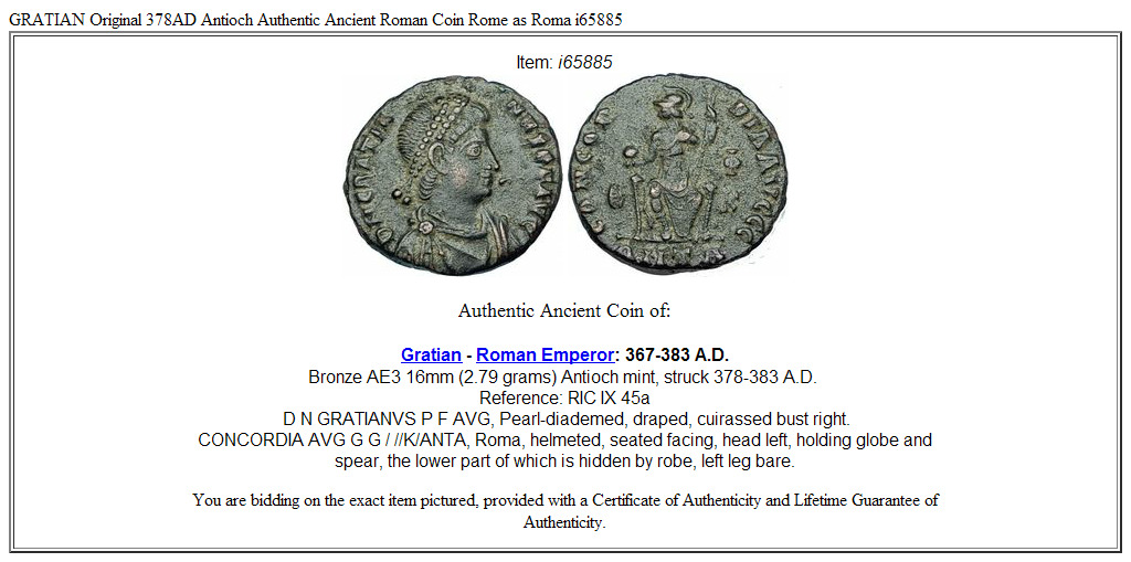 GRATIAN Original 378AD Antioch Authentic Ancient Roman Coin Rome as Roma i65885