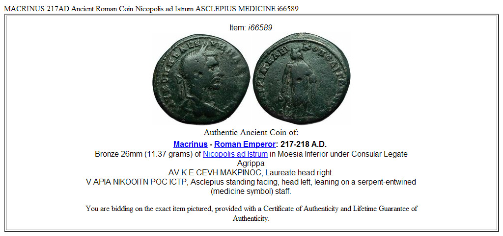 MACRINUS 217AD Ancient Roman Coin Nicopolis ad Istrum ASCLEPIUS MEDICINE i66589