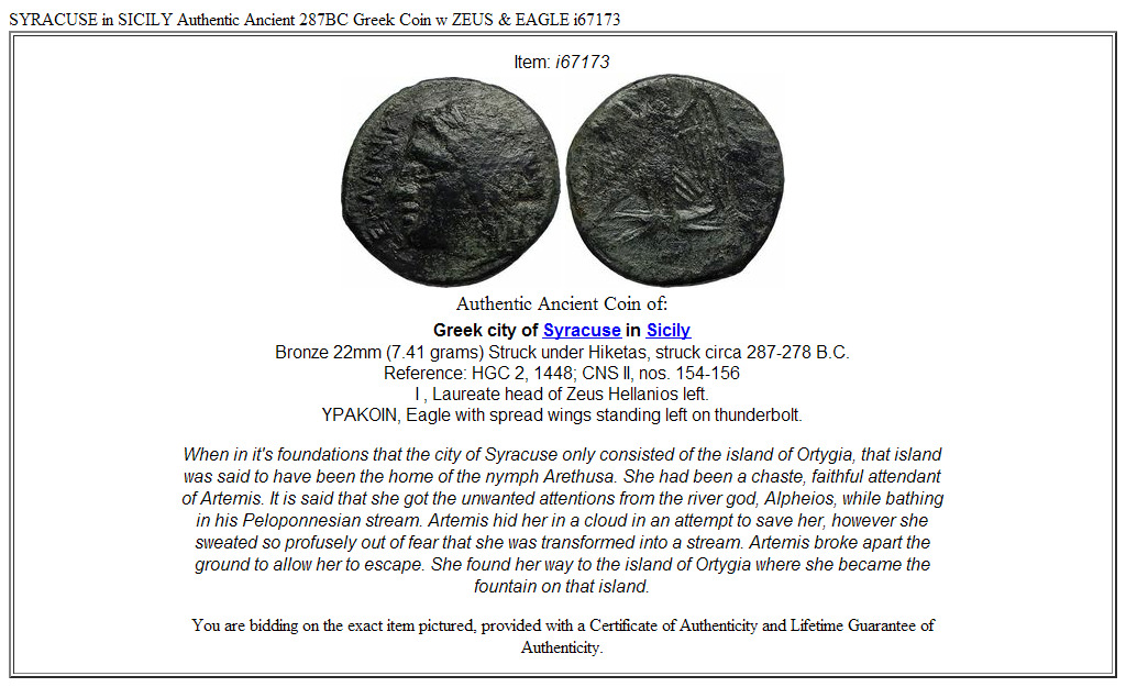 SYRACUSE in SICILY Authentic Ancient 287BC Greek Coin w ZEUS & EAGLE i67173
