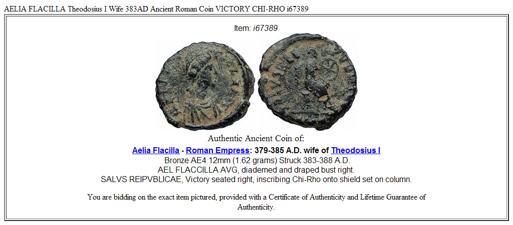 AELIA FLACILLA Theodosius I Wife 383AD Ancient Roman Coin VICTORY CHI-RHO i67389