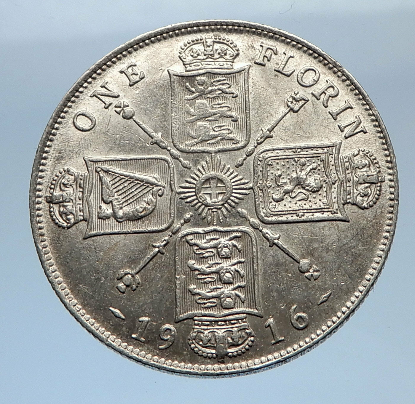 1916 United Kingdom Great Britain GEORGE V Silver Florin 2 Shillings Coin i69406