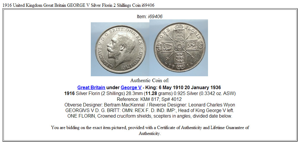 1916 United Kingdom Great Britain GEORGE V Silver Florin 2 Shillings Coin i69406