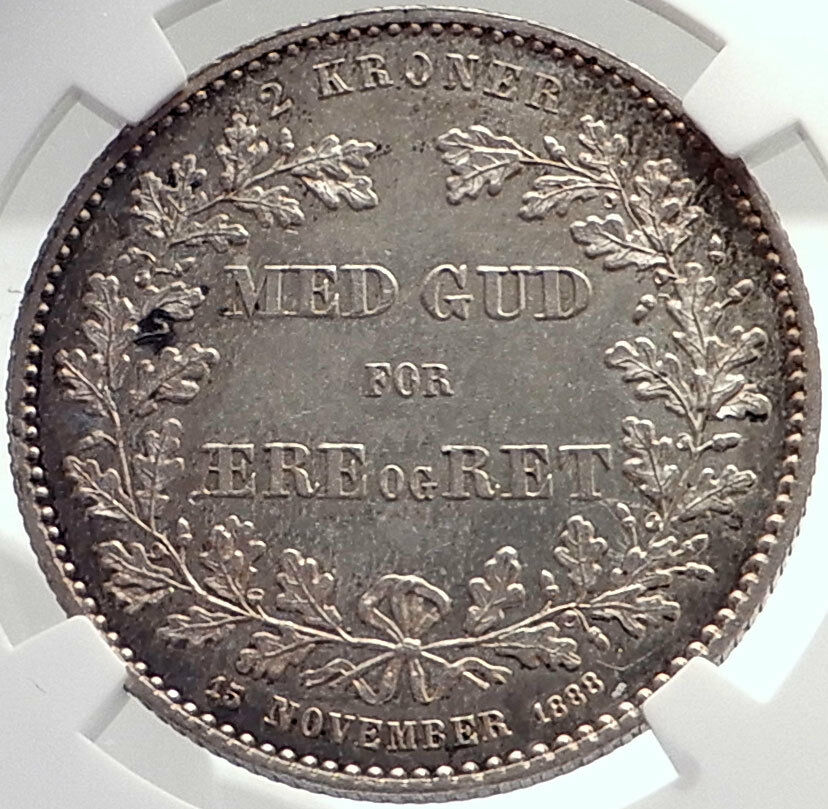 1888 DENMARK King Christian IX 25th Anniversary Silver 2 Kroner Coin NGC i70017