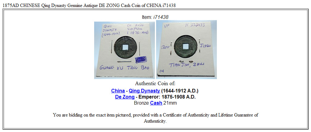 1875AD CHINESE Qing Dynasty Genuine Antique DE ZONG Cash Coin of CHINA i71438