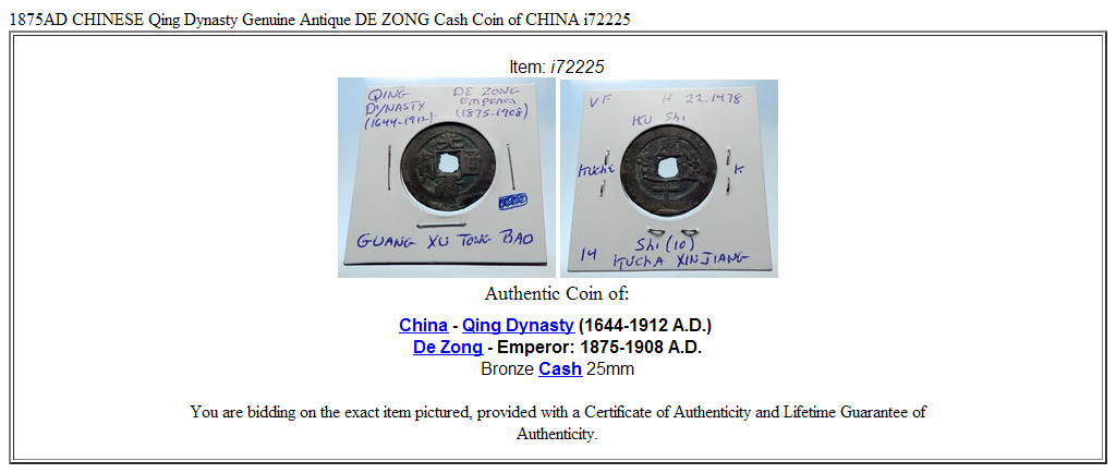 1875AD CHINESE Qing Dynasty Genuine Antique DE ZONG Cash Coin of CHINA i72225