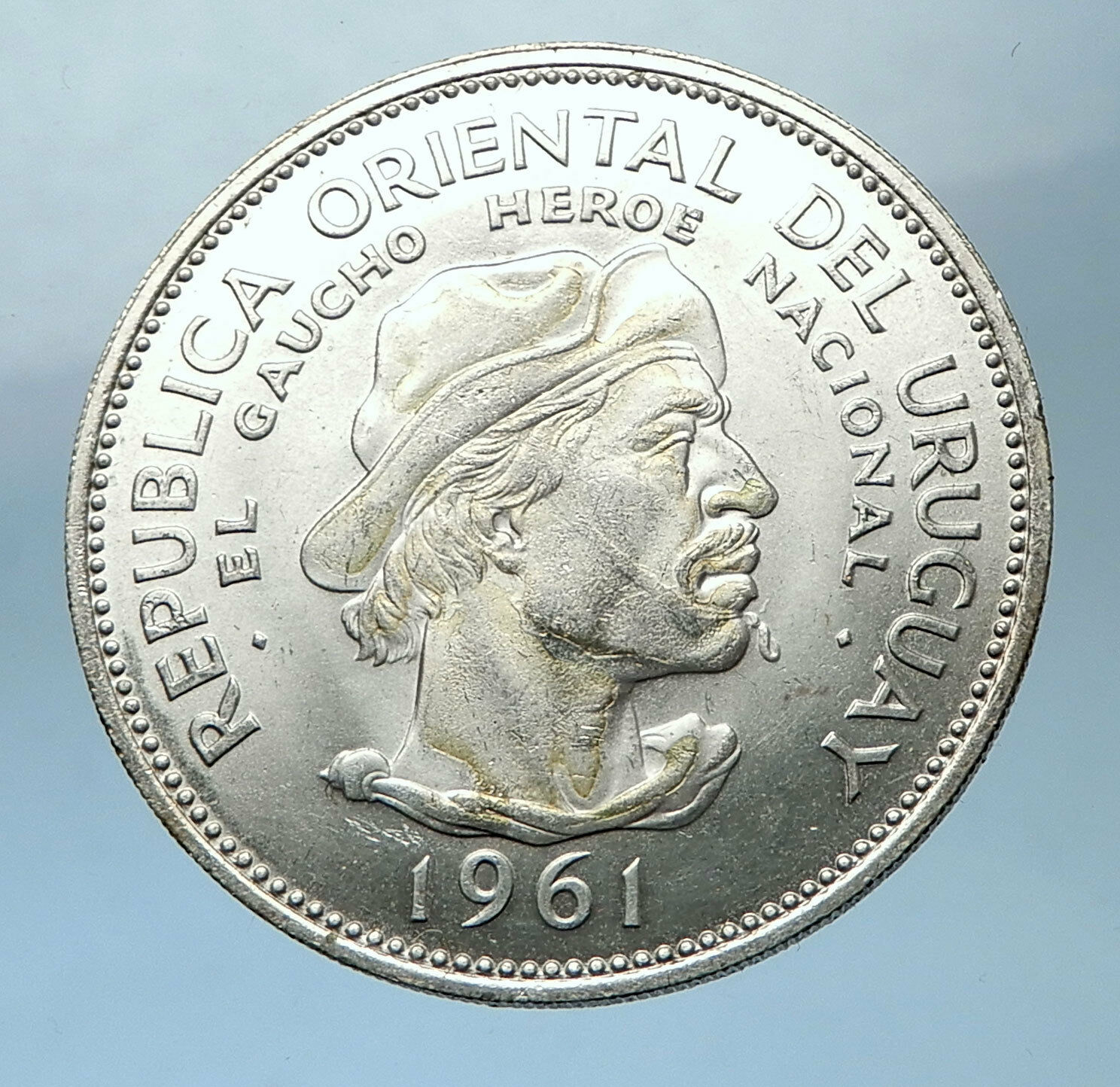 1961 URUGUAY Silver 10 Pesos 3.3cm Coin w El Caucho Hero Against Spain i68264