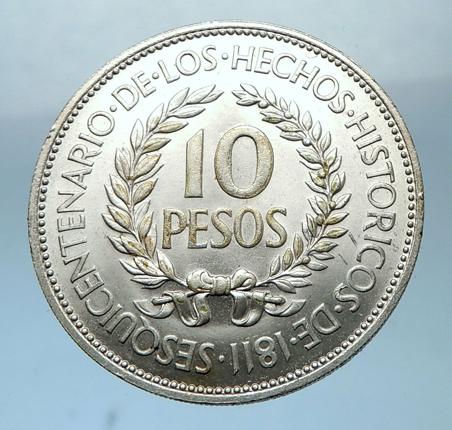 1961 URUGUAY Silver 10 Pesos 3.3cm Coin w El Caucho Hero Against Spain i68264