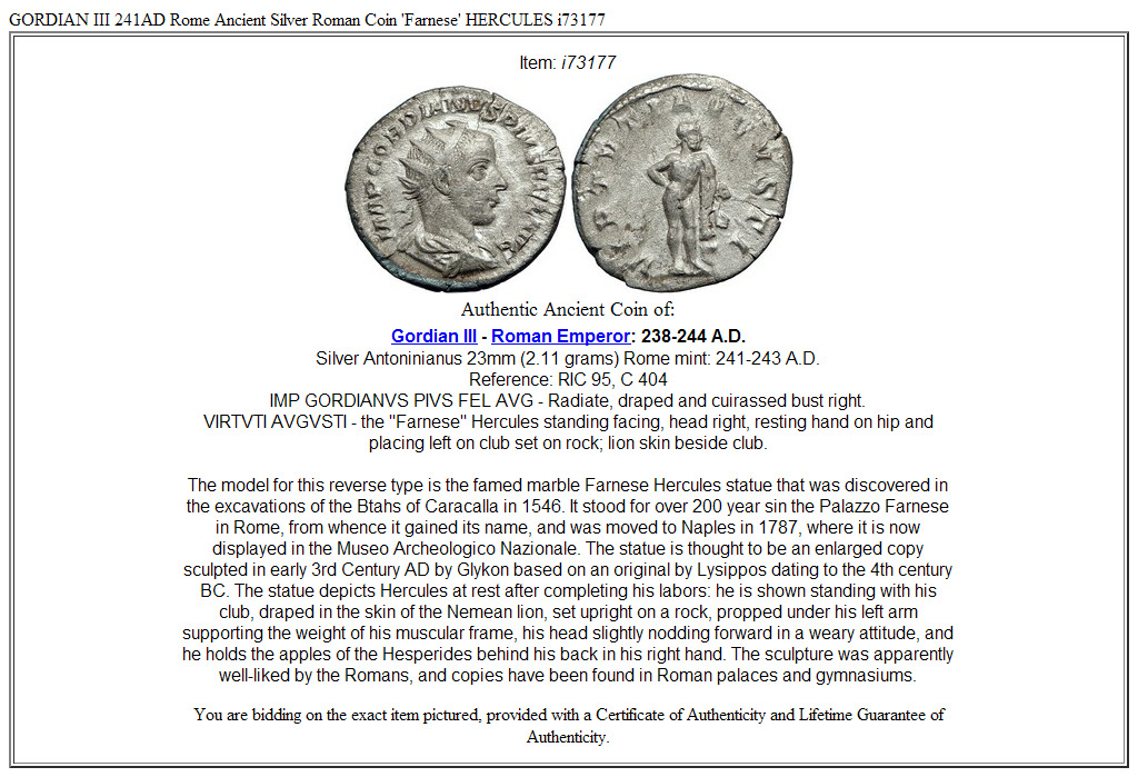 GORDIAN III 241AD Rome Ancient Silver Roman Coin 'Farnese' HERCULES i73177