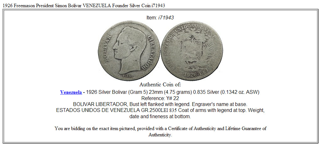 1926 Freemason President Simon Bolivar VENEZUELA Founder Silver Coin i71943